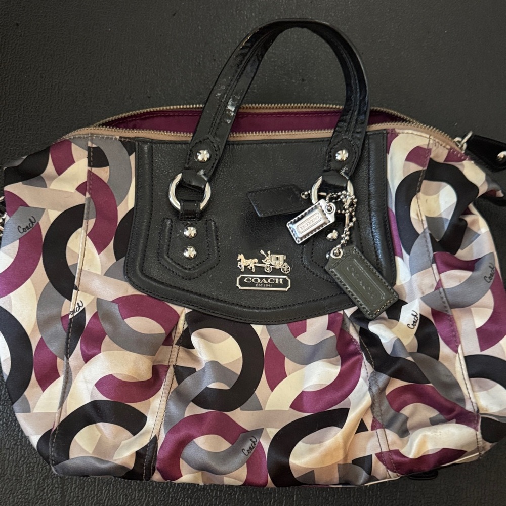 Coach Purple Multi Ring Print Shoulder Bag with Black Trim